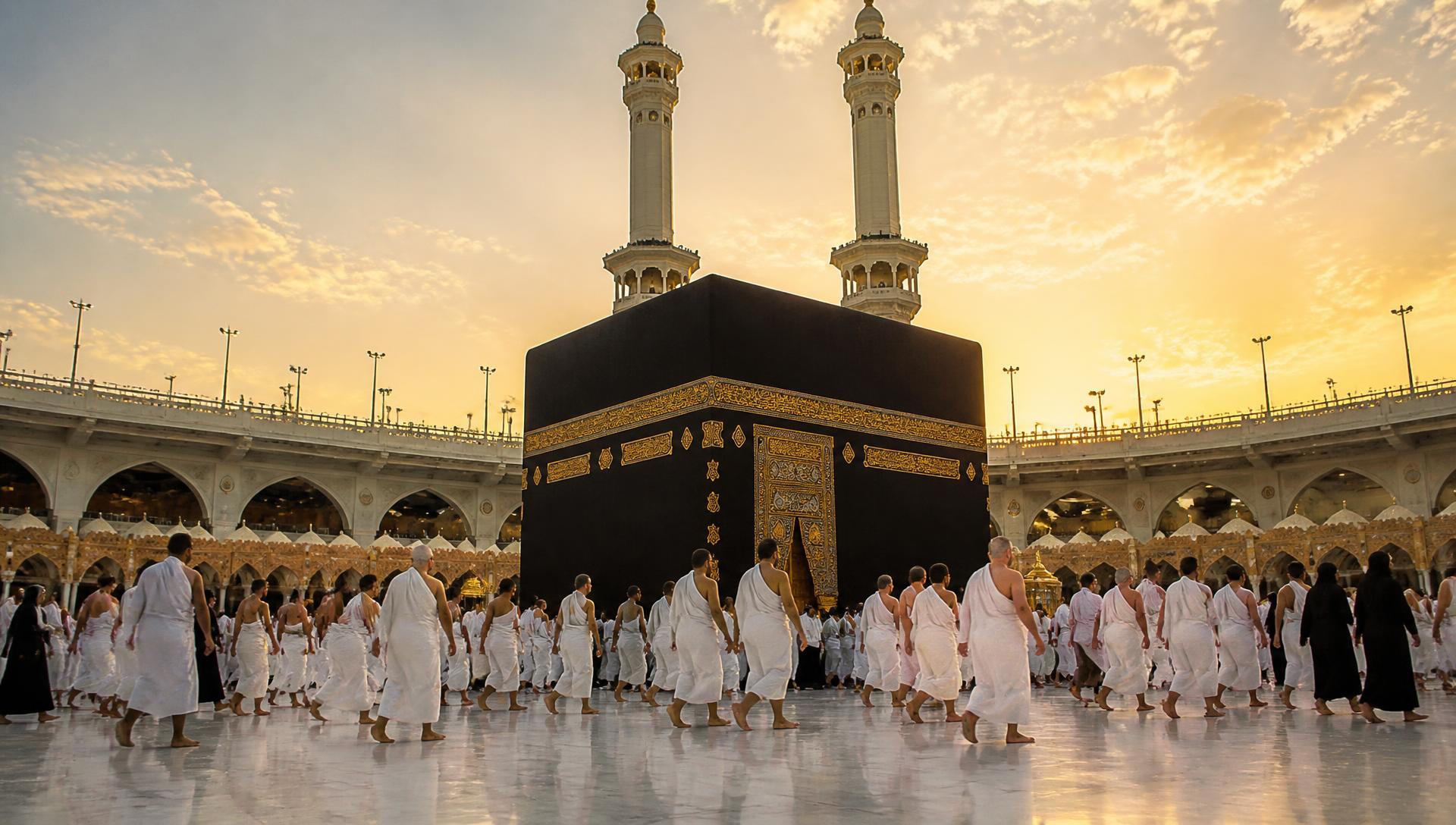 Pilgrims performing tawaf around the Kaaba in Makkah at golden hour
